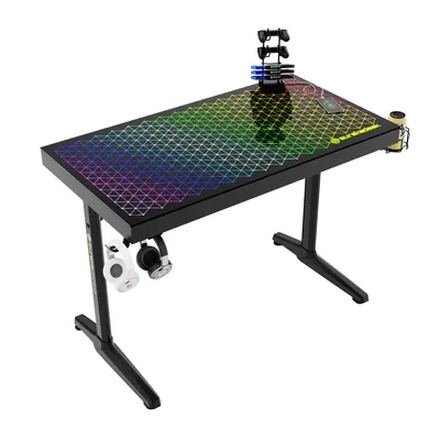Produktbild von EUREKA ERGONOMIC Glas Gamingtisch 110X60cm Schreibtisch Computertisch RGB Musik Sync mit Kopfhörerhaken, Getränkehalter