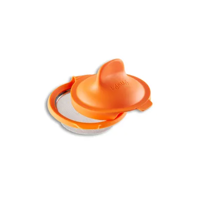 An orange kitchen utensil with a mesh strainer.