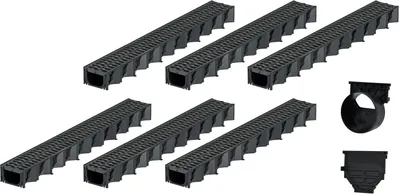 Produktbild von 6x1m ACO Hexaline 2.0 Entwässerungsrinne mit Microgrip Stegrost Ablauf horizontal Bodenrinne Terrassenrinne