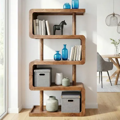 Image de WOHNLING Bibliothèque en bois massif de manguier Étagère ouverte 80 x 160 cm Étagère en bois moderne Étagère de rangement Salon Étagère décorative Étagère faite main