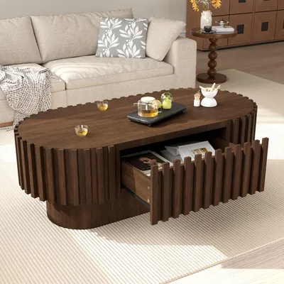 Produktbild von Merax Couchtisch oval mit 1 Schublade, Sofatisch Beistelltisch aus MDF mit Stauraum, Wohnzimmertisch mit vertikalen Streifendekoren, Nussbaum