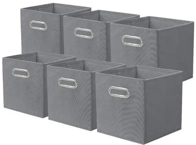 Productafbeelding van Ibenzoa® Opvouwbare opbergboxen van stof, set van 6, gemaakt van polypropyleen met metalen handgrepen, 27 x 27 x 28 cm, grijs – geschikt voor kasten, kubusplanken en speelgoed