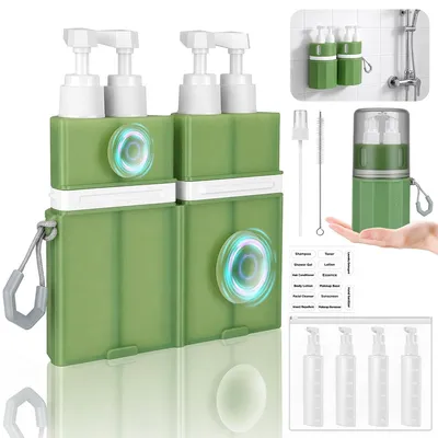 Produktbild von Reiseflaschen Set 4 in 1, nachfüllbare Reisebehälter Kosmetik mit Saugnapf, auslaufsichere Shampoo Flaschen für Urlaub, Business Reise und Fitnessstudio