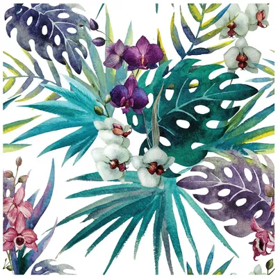 Produktbild von Tapeteneffekt-Aufkleber – Wilde Orchideen und Palmenblätter – 40 x 40 cm