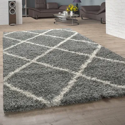 Immagine prodotto di Tappeto a pelo lungo per soggiorno Shaggy Skandi Moderno motivo a rombi Grigio crema Dimensioni 120x170 cm