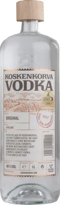 A clear studio shot of a bottle of Koskenkorva Vodka.