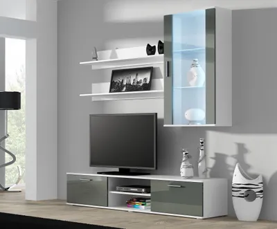 Produktbild von Furniture24 Wohnwand SOHO 5 mit Blauer LED Beleuchtung, Anbauwand, Wohnzimmerschrank, Schrankwand, Vitrine, Lowboard, Hängeregal Weiß/Grau Hochglanz