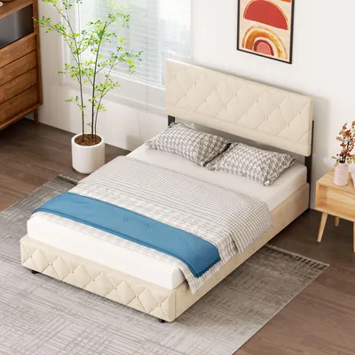 Produktbild von okwish Boxspringbett Polsterbett 140 x 200 cm mit Kopfteil in Knopfnahtverzierung, Hydraulisches Stauraumbett mit Bettkasten Stauraum, Doppelbett Jugendbett mit Lattenrost aus holz und Metallrahmen(Ohne Matratze)- Beige