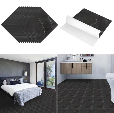 Obrázek produktu pro Ikodm PVC vinylová podlahová krytina, vinylové dlaždice, 1 m², samolepicí, mramor, černá, 11 kusů, vzhled mramoru, designová podlahová krytina, s realistickou texturou