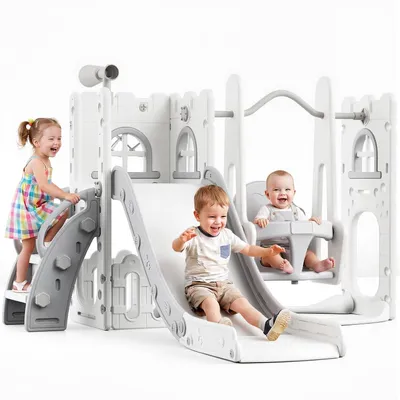 Produktbild von Rutsche Outdoor 7-in-1 Kleinkind Rutsche Schaukel Klettergerüst Spielplatz Mit Rutsche, Schaukel, Klettergerüst, Basketballkorb, Teleskop