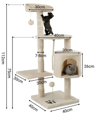 Productafbeelding van Kartonnen kraboom voor katten, 112 cm hoog, met hol, sisal touw, pluchen ballen en wandmontage. Compacte klimboom, beige