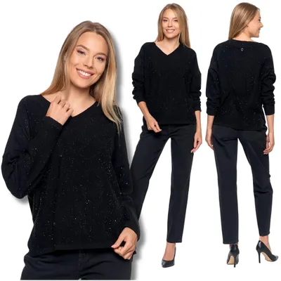 Zdjęcie produktu dla Damski sweter - elegancki sweter, rozmiar L/XL - czarny sweter, kolor czarny - dekolt V