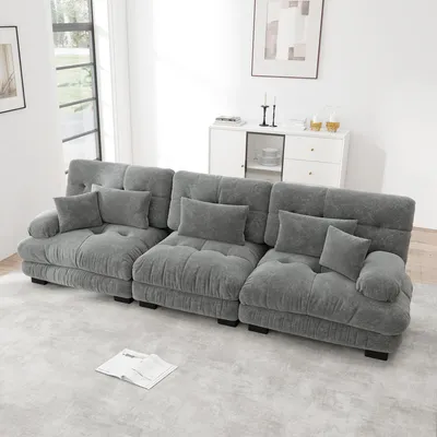 Produktbild von MODFU Dreisitzer Polstersofa mit mit 2 Lendenkissen und 2 Dekokissen,Loungesofa Chenille,ohne Ottoman,Modulares Sofa,Grau
