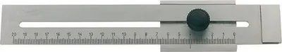 A precision ruler with markings and a movable slider with a knob.