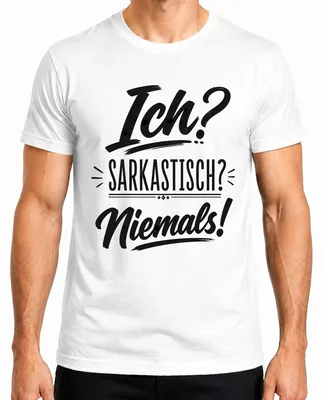 Zdjęcie produktu dla Koszulka męska, biała, rozmiar M. Nadruk: "Ironia? Sarkazm? Nigdy!" (z nutą ironii)