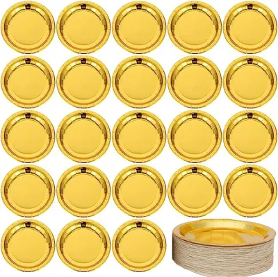 Produktbild von 50 Stück goldene Partyteller für Desserts, Plastikbesteck und Pappteller für Feiern
