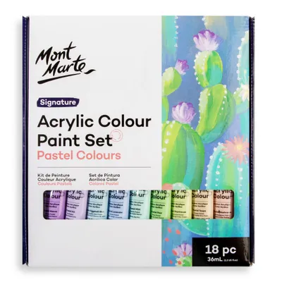 Produktbild von Mont Marte Acrylfarbe Set Pastell – 18 x 36ml – Starke Deckkraft und Seidenmattes Finish – Pastellfarben für Leinwand, Papier, Ton, Holz, Steine uvm.