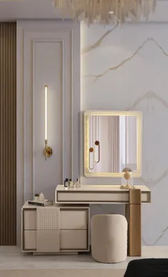 Image de Coiffeuse beige Miroir de luxe Ensemble de chambre à coucher Meubles nobles