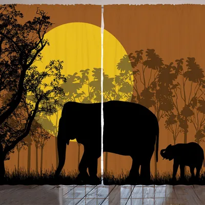 Obrázok produktu pre ARANDE Záclona Elefant, divoká príroda, silueta zvierat a stromov, 280 x 175 cm, karamelová zemitá žltá