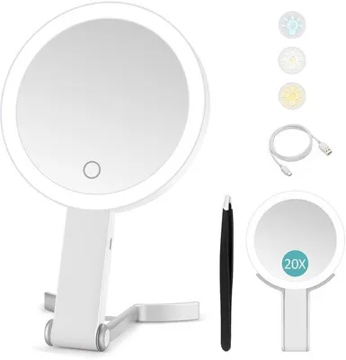 Produktbild von Make-up-Spiegel mit LED-Beleuchtung, doppelseitiger Reisspiegel mit 20x/1x Vergrößerung, 3 farbige Lampen, dimmbarer Touchscreen, flexibel, handlich, für Tisch oder Wand