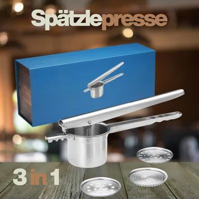 Produktbild von Spätzlepresse Edelstahl 3-in-1 mit 3 Siebeinsätzen – Spätzlepresse, Kartoffelpüreepresse & Spaghetti-Eispresse