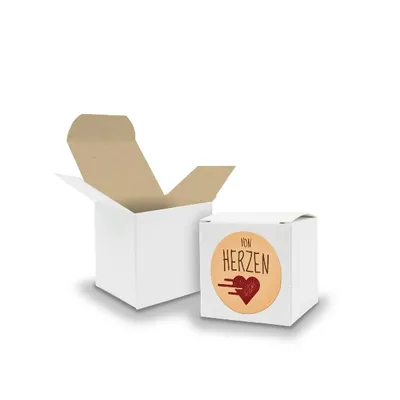 Produktbild von SET von HERZEN (Motiv14) 24x Faltschachtel Würfel 5cm weiß innen braun+Sticker