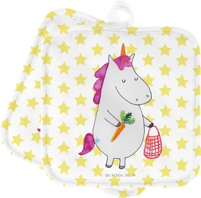 Produktbild von Mr. & Mrs. Panda Topflappen Einhorn Gemüse - Weiß - Geschenk, Biomarkt, Wochenmarkt, Einhörner, topfhalter, Kochlappen, Unicorn, 2er Set, Topfuntersetzer