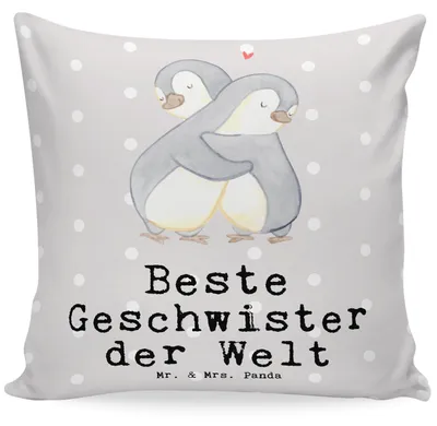 Produktbild von Mr. & Mrs. Panda kissen für sofa Pinguin Beste Geschwister der Welt - Grau Pastell - Geschenk, Geburtstagsgeschenk, Brüder, bedruckt, Sofakissen, Geburtstag, Bruder, Deko