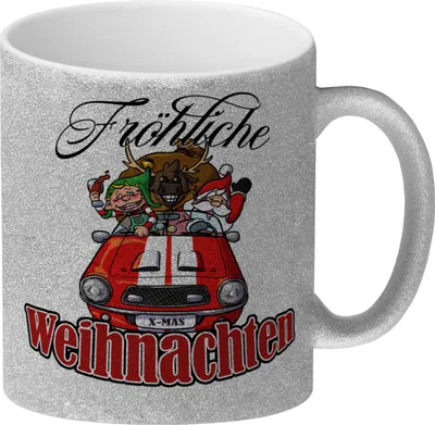 Produktbild von Fröhliche Weihnachten Glitzer-Kaffeebecher mit lustigem Weihnachtsmotiv
