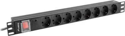 A black rack-mountable power strip with multiple outlets and a red switch.