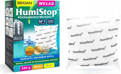A product shot of a HumiStop humidity absorber refill package and a single refill packet.