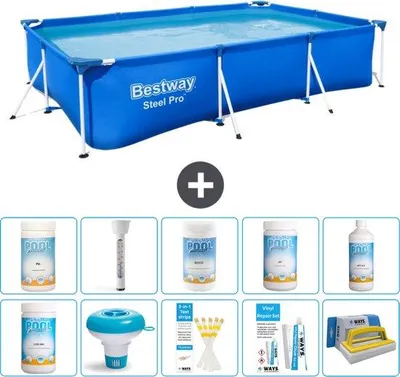Obrázok produktu pre Obdĺžnikový oceľový bazén – 300 x 201 x 66 cm – modrej farby – vrátane: generátora chlóru, testovacích sád, sady na opravy, čistiacej kefy, prístroja na meranie pH a teplomeru