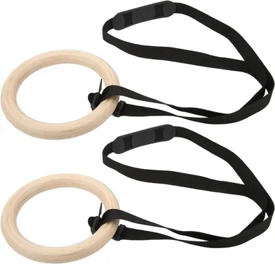 Immagine prodotto di Fitnessringen per coppia - Anelli da ginnastica in legno - Allenamento della forza - Cinghie regolabili - Capacità di carico: 150 kg (330 lbs) - Legno naturale