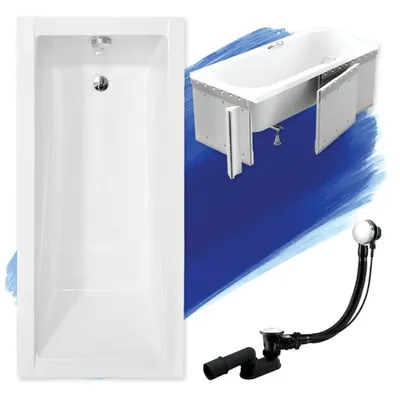 Zdjęcie produktu dla Wanna Akrylowa Zestaw 4w1 Prostokątna 140x70 Biała + Zabudowa Styropianowa, Nowoczesny Premium Syfon i Nogi (stelaż) w komplecie | BADLAND MODERN