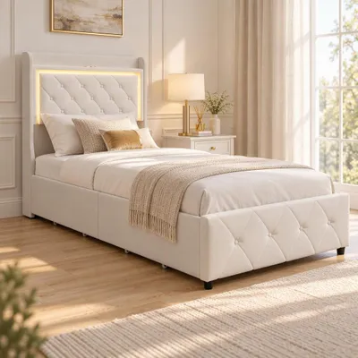 Produktbild von INONEFT Polsterbett Jugendbett 90x200cm – Einzelbett Bettgestell mit LED-Beleuchtung, 4 großen Schubladen und stabilem Metallrahmen, Weiß