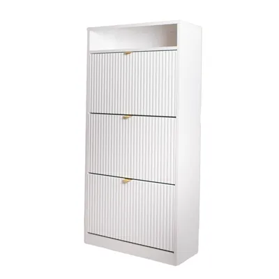 A white, three-door shoe cabinet with ribbed doors and gold handles, shown against a white background.