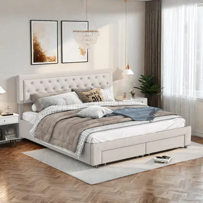 A bedroom scene featuring a bed with bedding, nightstands, and artwork on the wall.