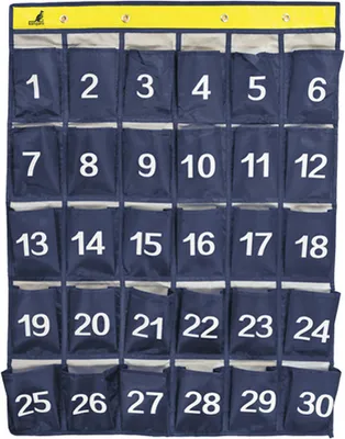 A wall organizer with numbered pockets.