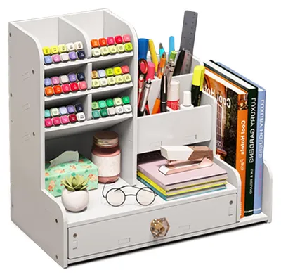 Produktbild von Schreibtisch-Organizer aus Holz und Kunststoff, DIY-Stiftehalter, Schreibtisch-Organizer mit hohem Fassungsvermögen, Büro-Stifteablage, Schreibtisch-Organizer mit Schublade, für Zuhause, Büro und Schule.