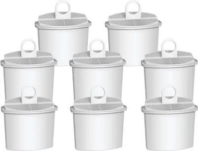 A group of white water filter cartridges arranged in a grid.
