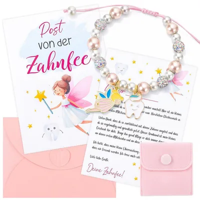 Zdjęcie produktu dla Zestaw prezentowy dla dziewczynki od Ząbkowej Wróżki – bransoletka i kartka okolicznościowa, srebrne