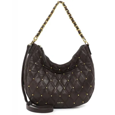 Produktbild von Suri Frey Corey Umhängetasche Hobo Bag, dunkelbraun, Polyurethan, PETA-Approved Vegan, mit verstell- und abnehmbarem Schulterriemen, dekorativen Nieten, Steppstich-Optik, 32.5x29.5x8 cm, 0.5 kg, 1 Einschubfach, 1 Zipperfach, passend für Geldbörse, Smartphone, Tablet, für Alltag & Büro