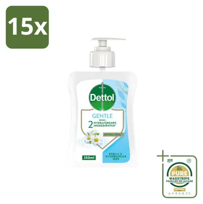 Obrázok produktu pre 15 kusov tekutého mydla Dettol Gentle na ruky – vôňa kamile a kvetov bavlny – 250 ml – balenie