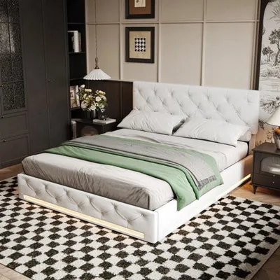 Imagen del producto de Cama con espacio de almacenamiento para dos personas, 140x200 cm - Con sistema hidráulico - Tapizada en tela - Con iluminación LED - Con cabecero