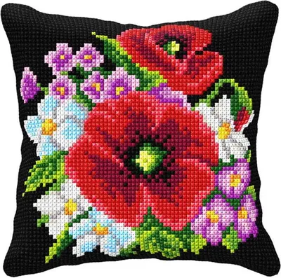 Produktbild von Kreuzstich-Stickerei - Mohnblumen-Kissen