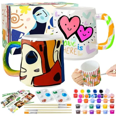 Zdjęcie produktu dla Zestaw do malowania na ceramice, zawierający kubki, farby i pędzle, idealny do użytku domowego
