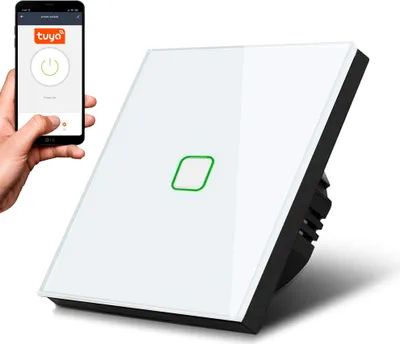 A hand holding a smartphone displaying the Tuya app, next to a smart WiFi touch light switch.