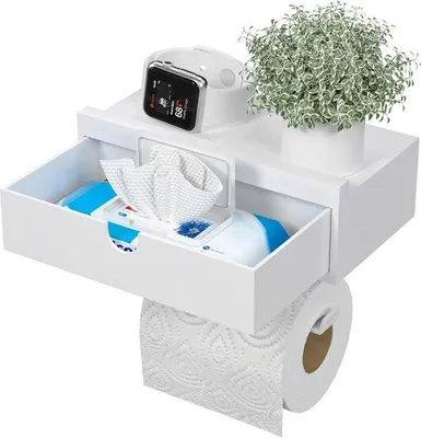 Immagine prodotto di Porta rotolo di carta igienica in bambù con scatola per salviette umidificate - Senza foratura - Bianco