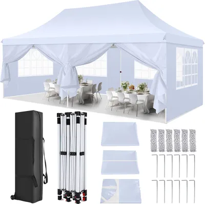 Produktbild von Faltpavillon 3X6m Wasserdicht Stabil Pavillon, Partyzelt Faltbar mit 6 Seitenteilen,Upgrade-Hochdach und Tragetasche, Gartenpavillon, UV 50+, Weiß