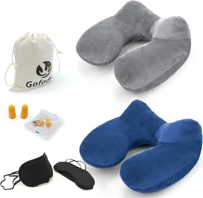 Produktbild von Nackenkissen Aufblasbar für Flugzeug Camping Züge und Autos mit Augenbinde Ohrstöpseln, Tragbares Travel Pillow, Nackenkissen Flugzeug Aufblasbar 2er Set